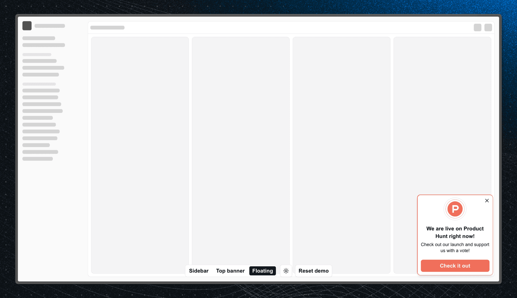 Product Hunt floating banner for in-app launch day announcements