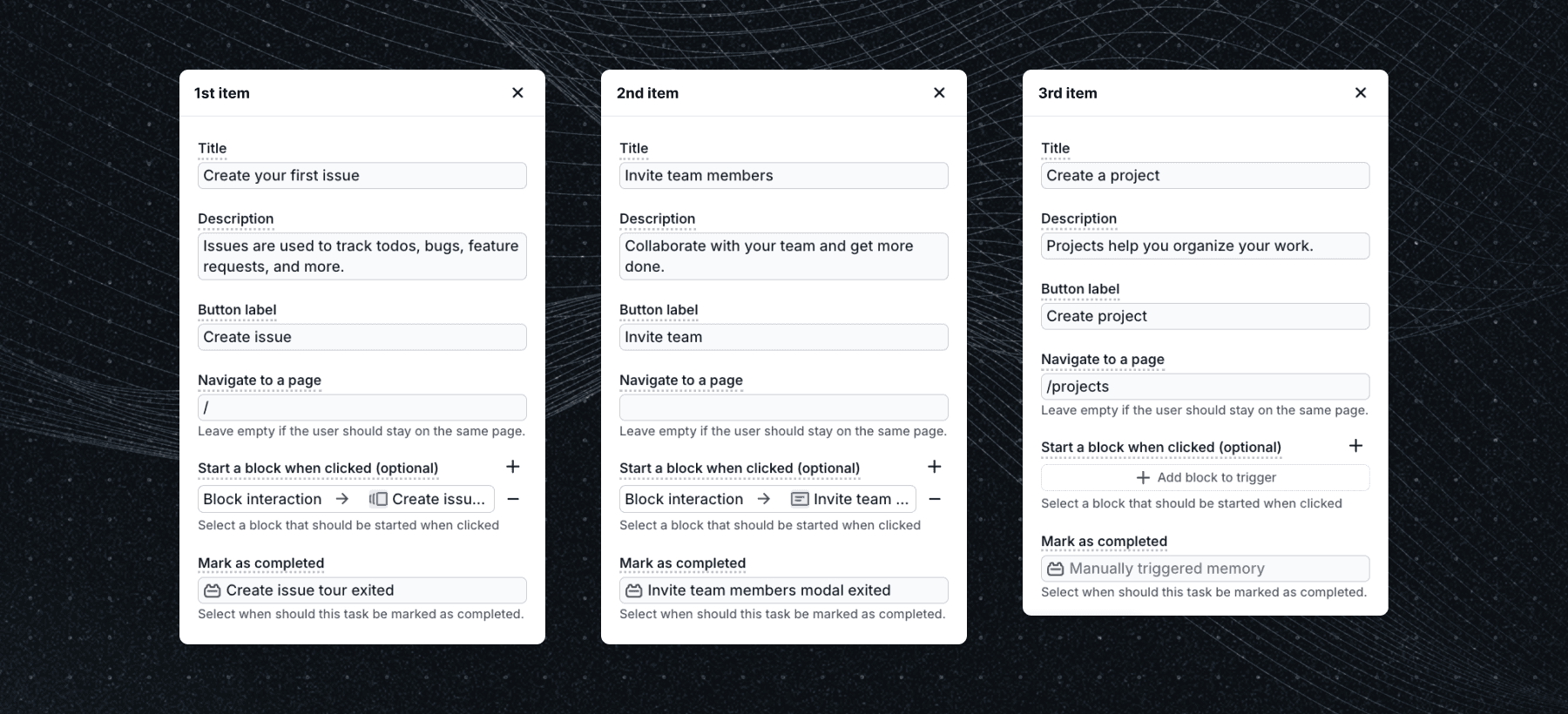 Floating onboarding checklist item configuration in Flows