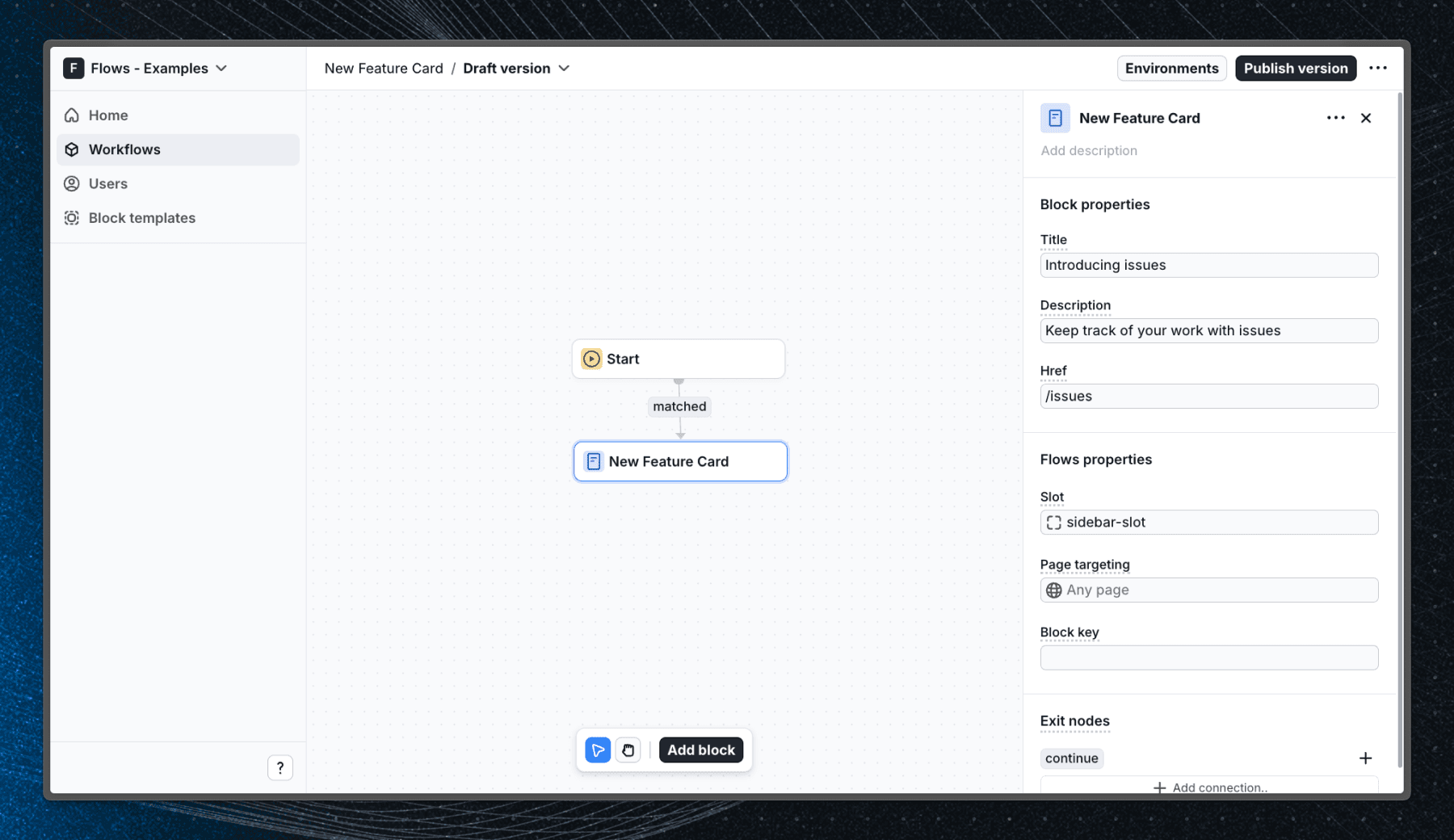 Flows workflow setup for the new feature card example