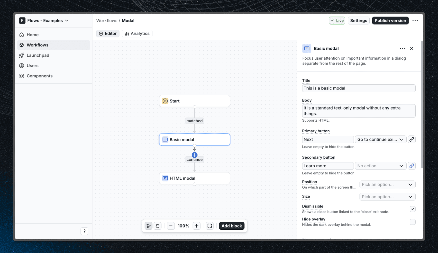 Flows workflow setup for the Modal example