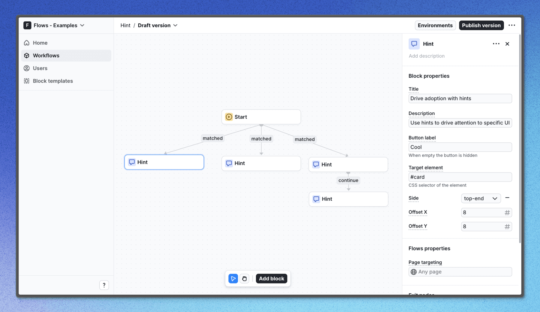 Flows workflow setup for the Card example