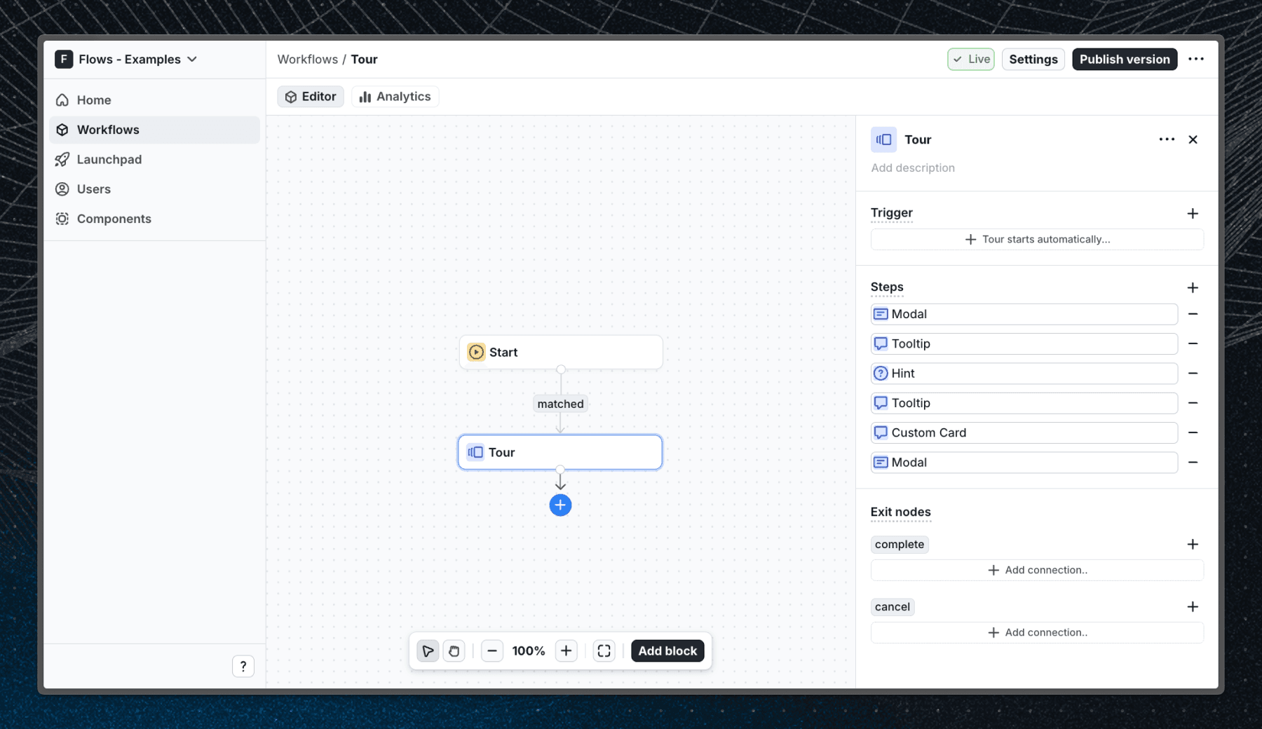 Flows workflow setup for the product tour example