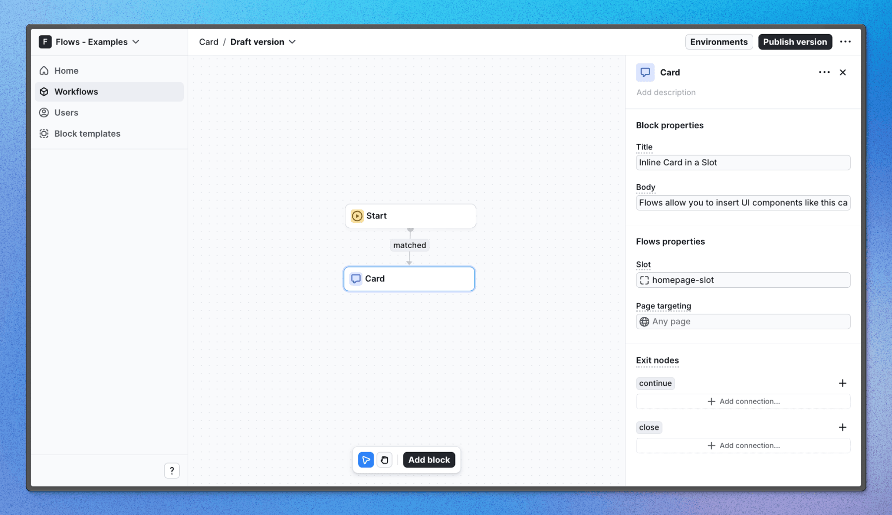 Flows workflow setup for the Card example