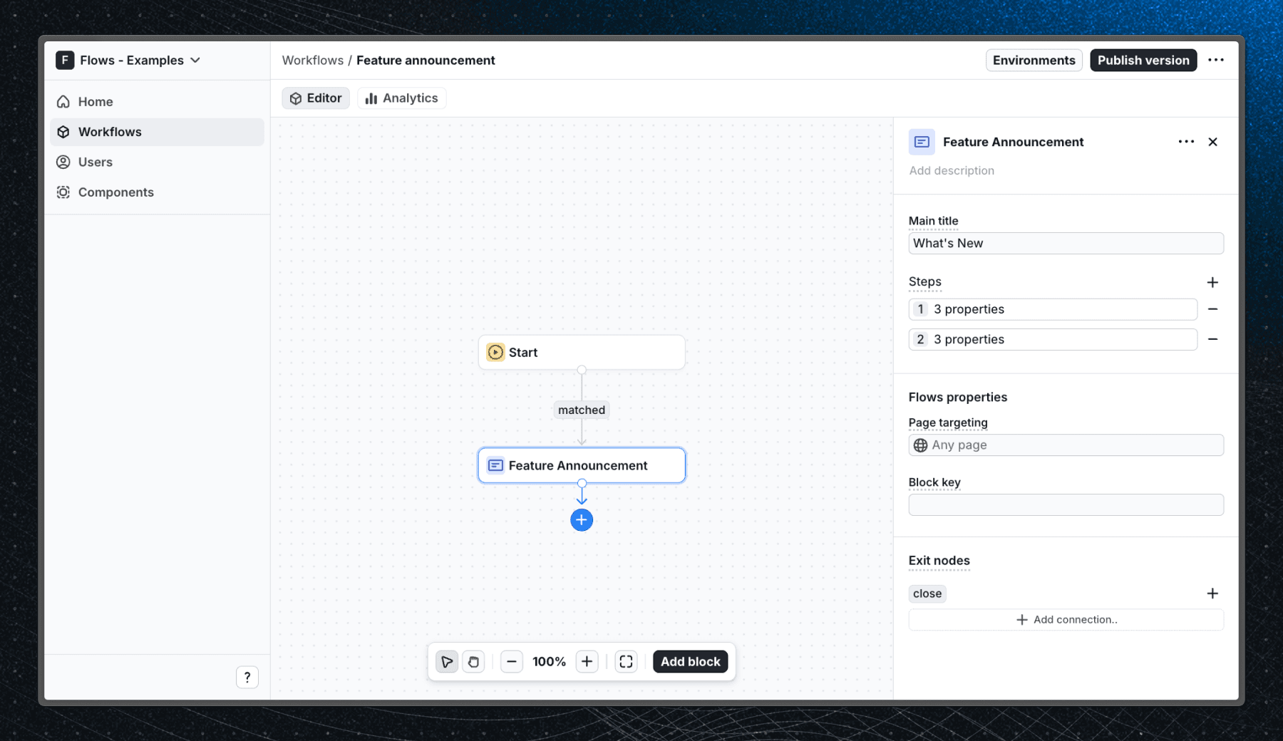 Flows workflow setup for the feature announcement example