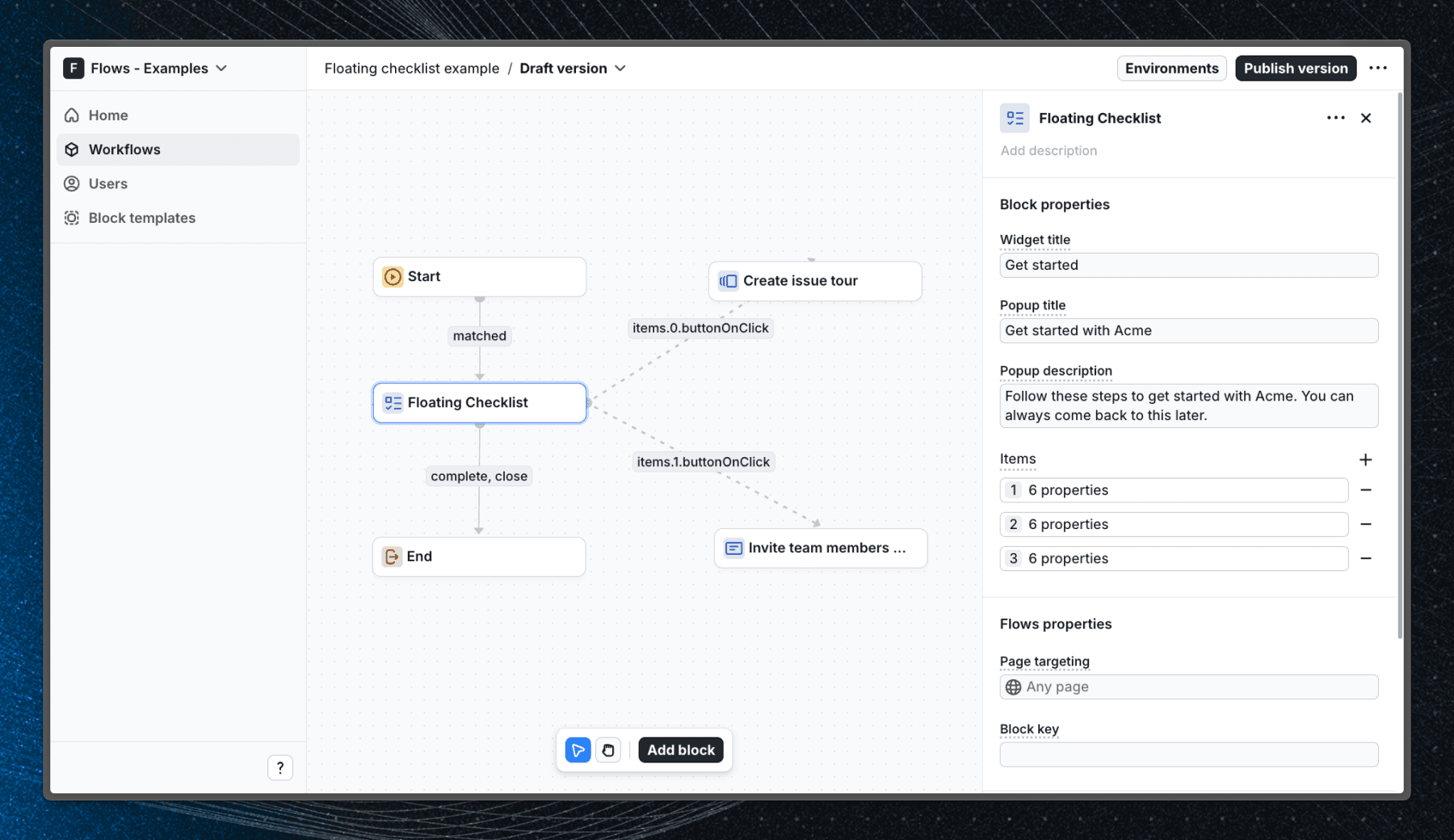 Flows workflow setup for the Floating checklist example