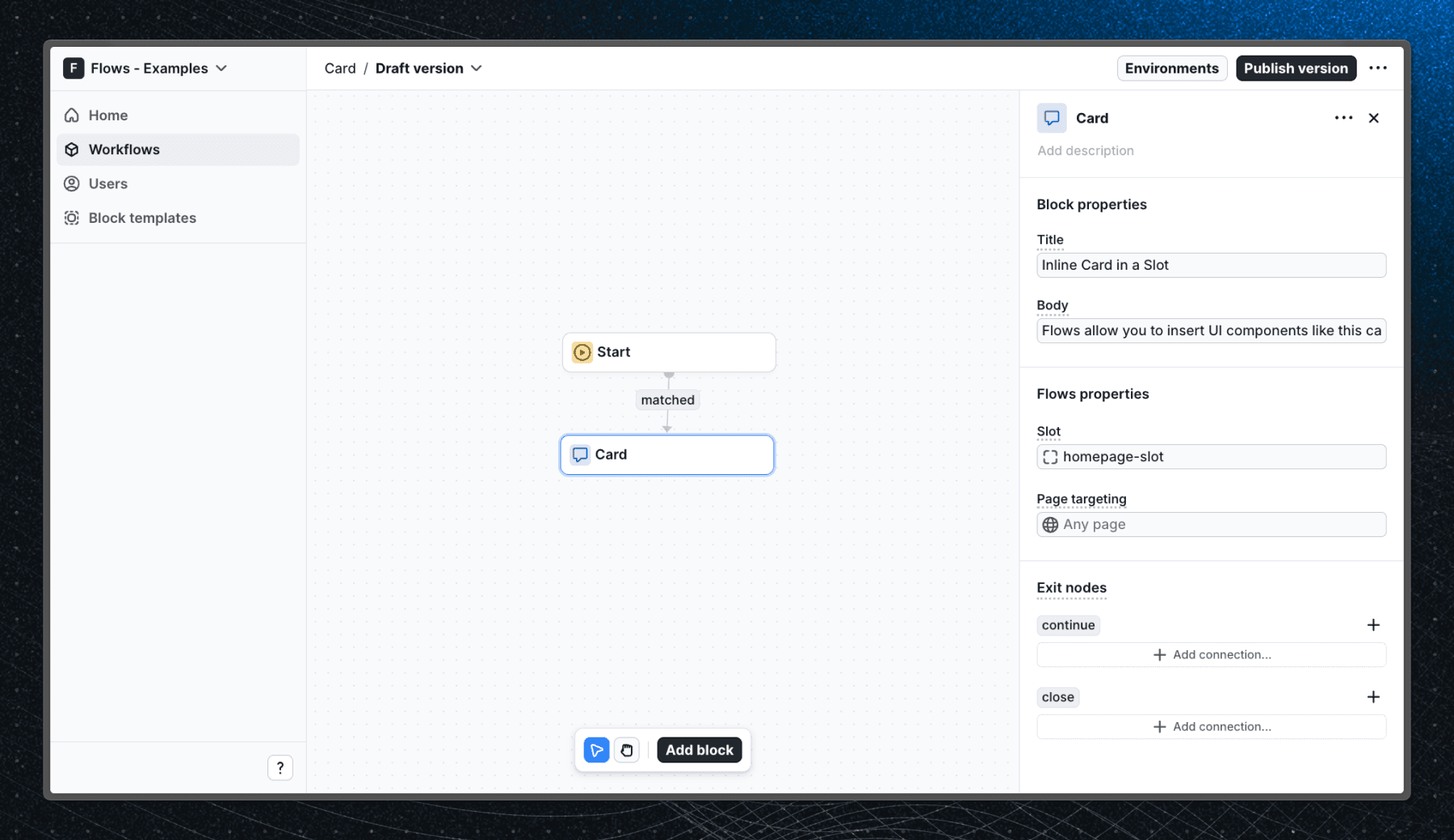 Flows workflow setup for the Card example
