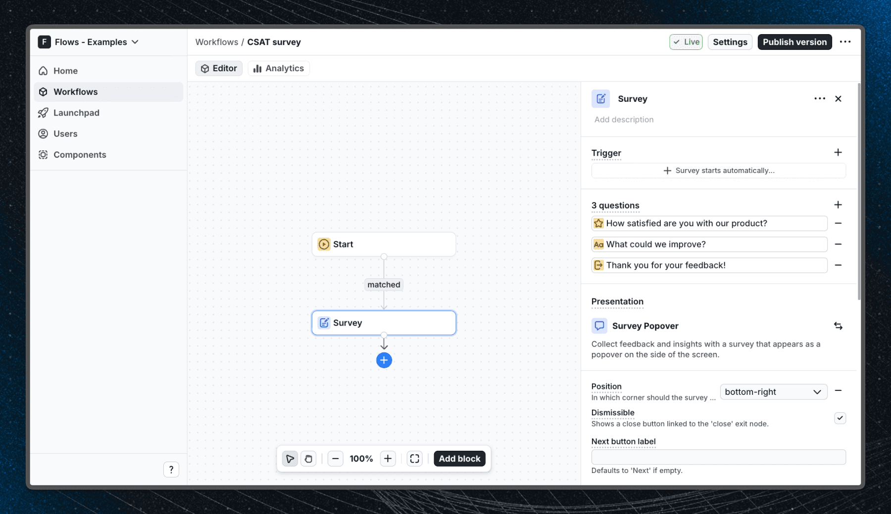 Flows workflow setup for the CSAT survey example: satisfaction rating, follow-up freeform, and thank-you end screen
