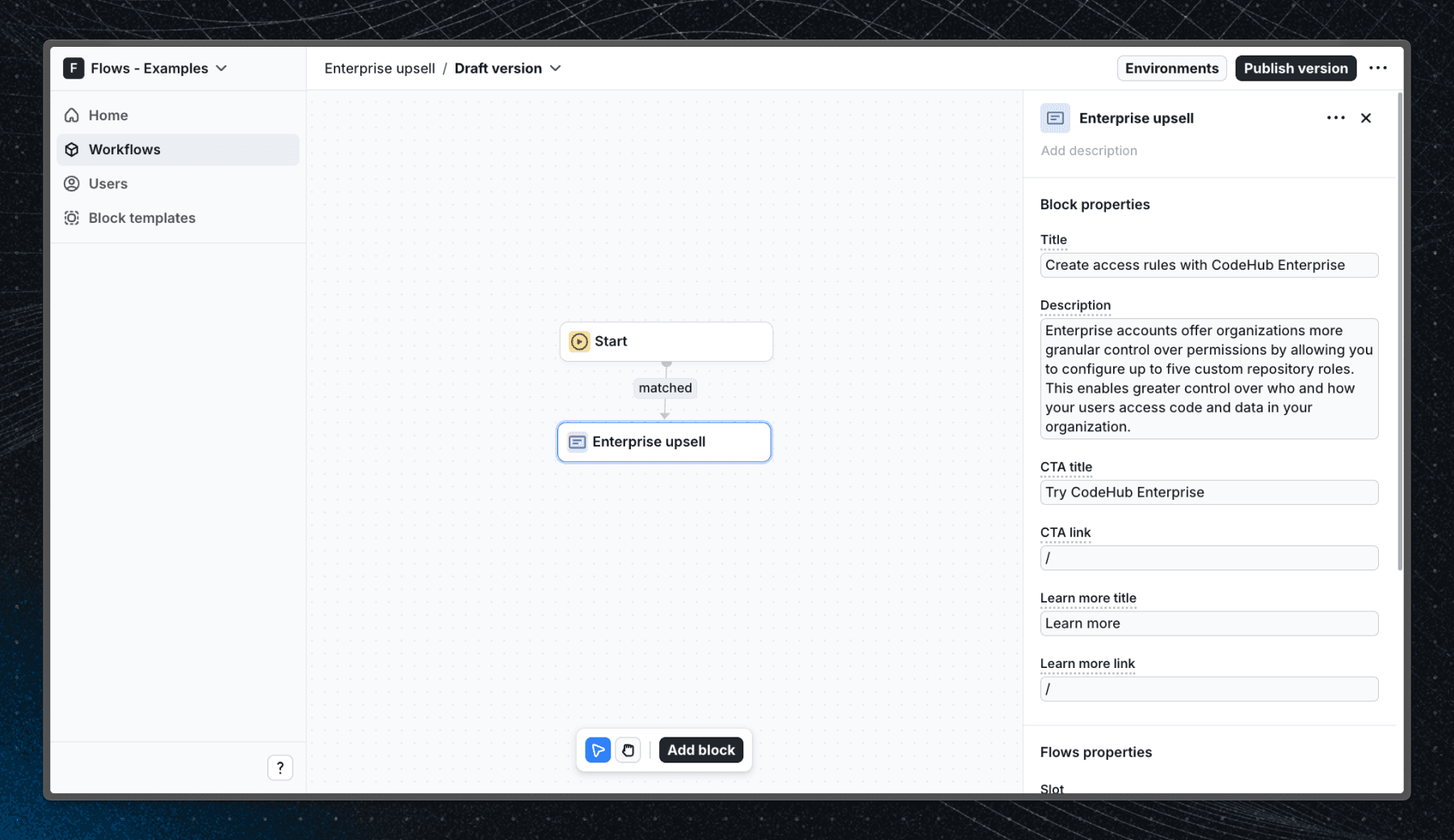 Flows workflow setup for the enterprise upsell example