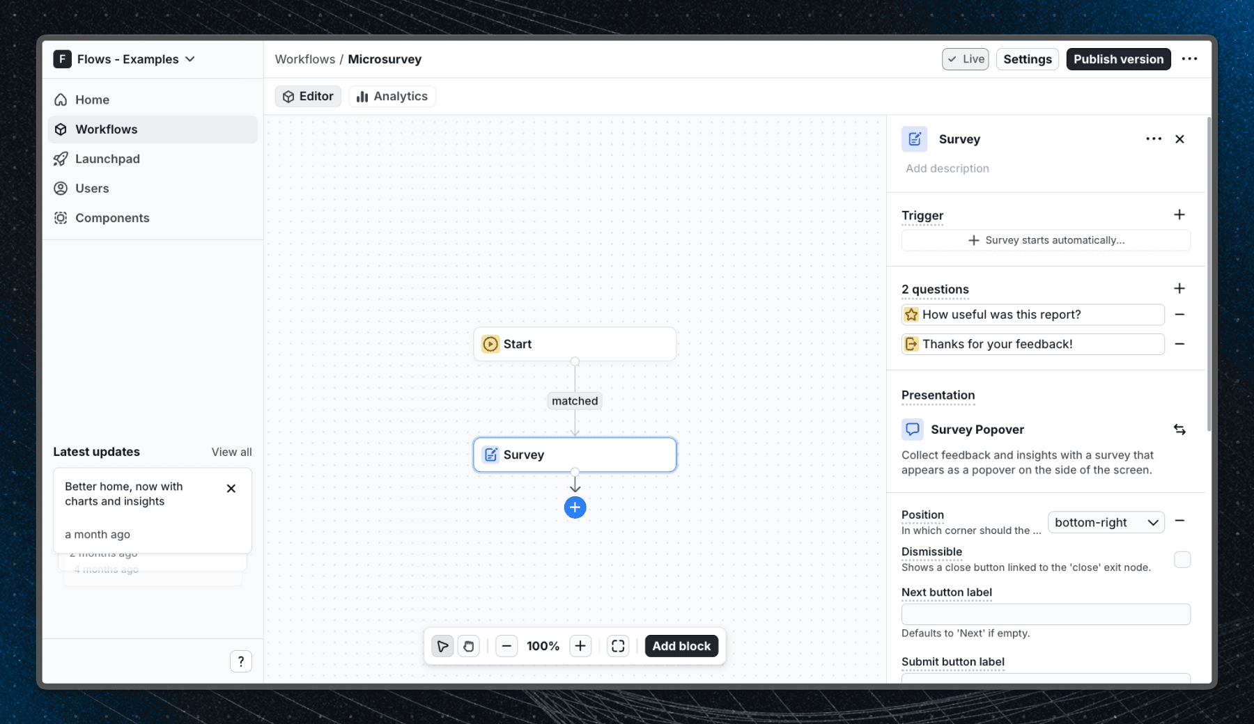 Flows workflow setup for the Microsurvey example: 5-point emoji rating and thank-you end screen