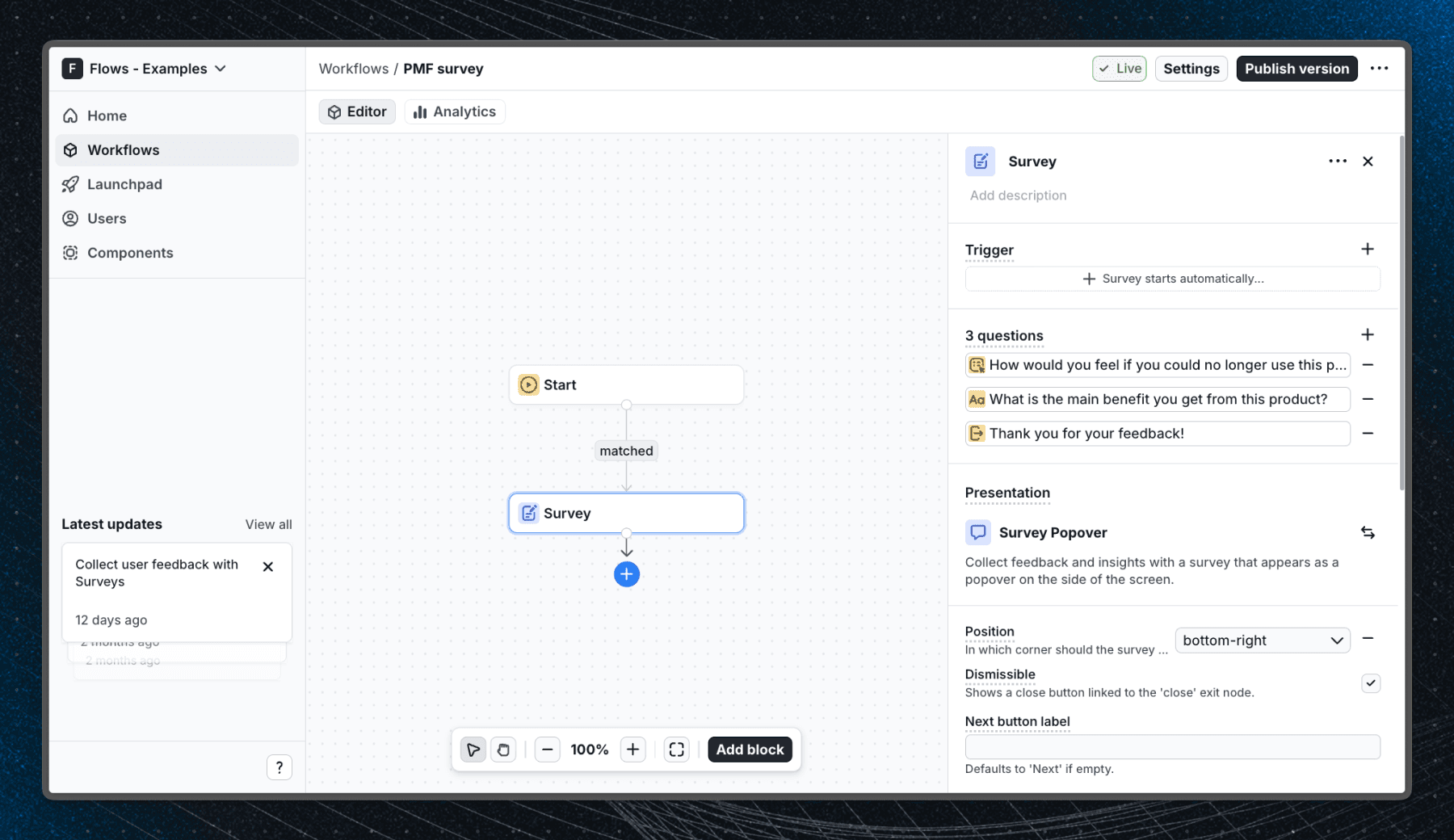 Flows workflow setup for the PMF survey example: single-choice PMF question, follow-up freeform, and thank-you end screen