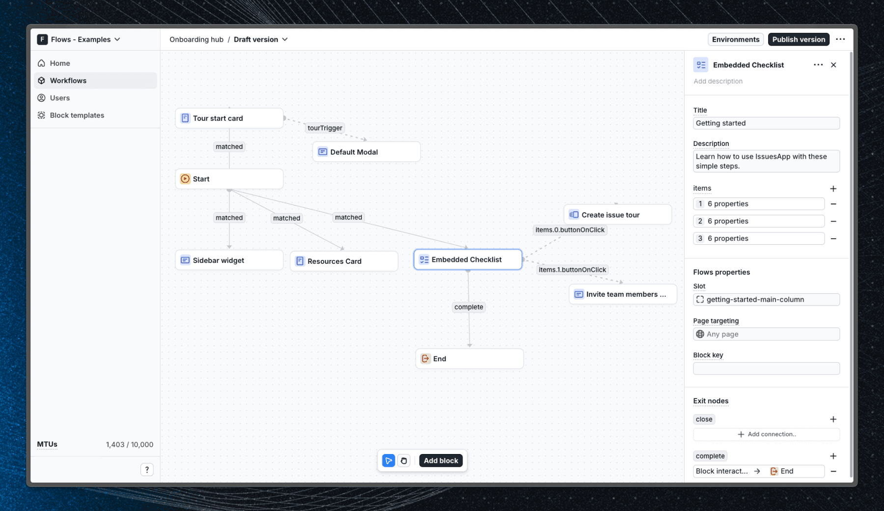 Flows workflow setup for the onboarding hub example