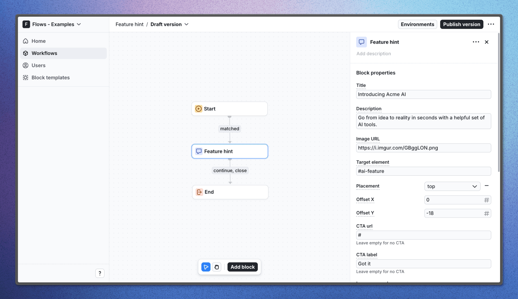 Flows workflow setup for the Feature hint example