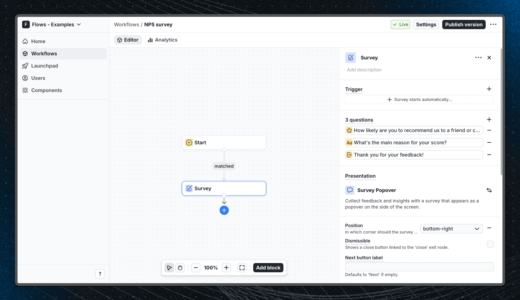 Flows workflow setup for the NPS survey example: rating question, follow-up freeform, and thank-you end screen