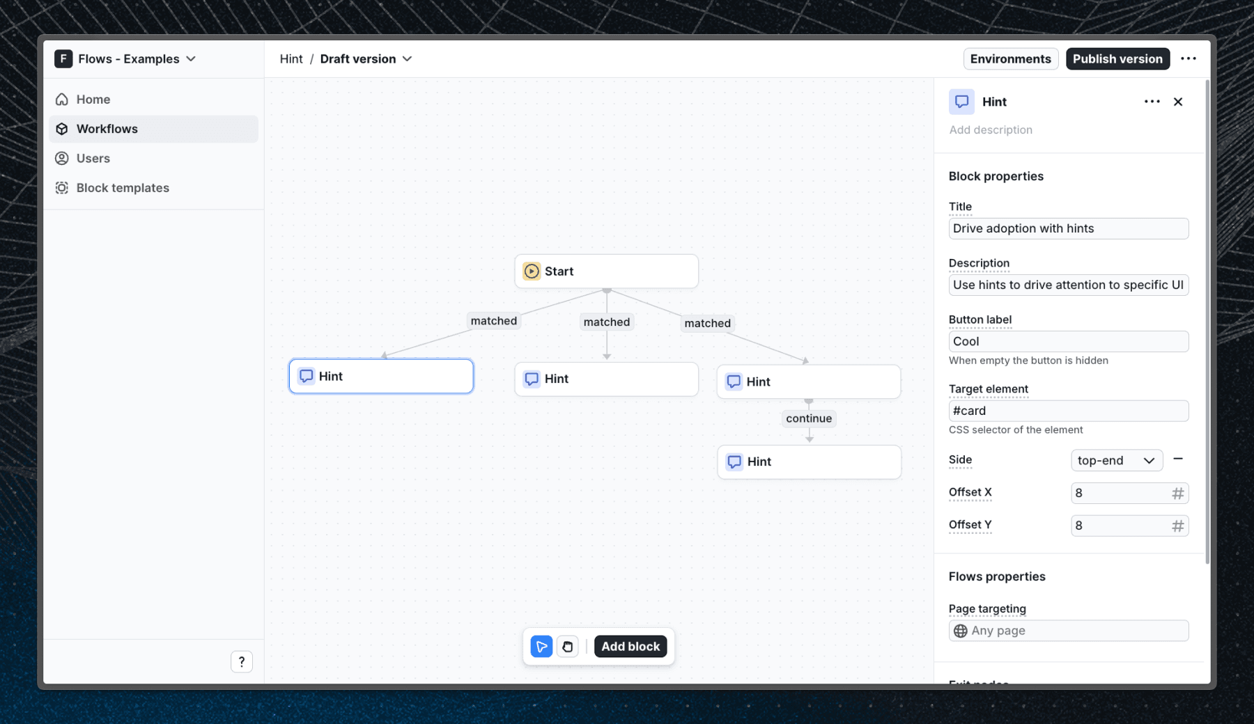 Flows workflow setup for the Card example