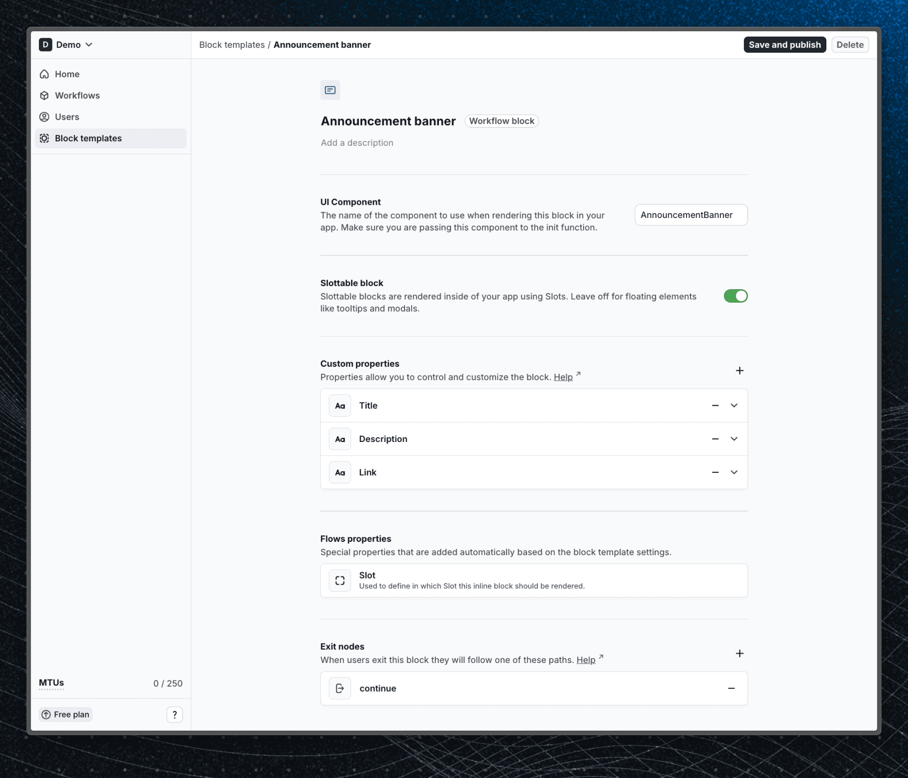Screenshot of the announcement banner custom component configuration in Flows