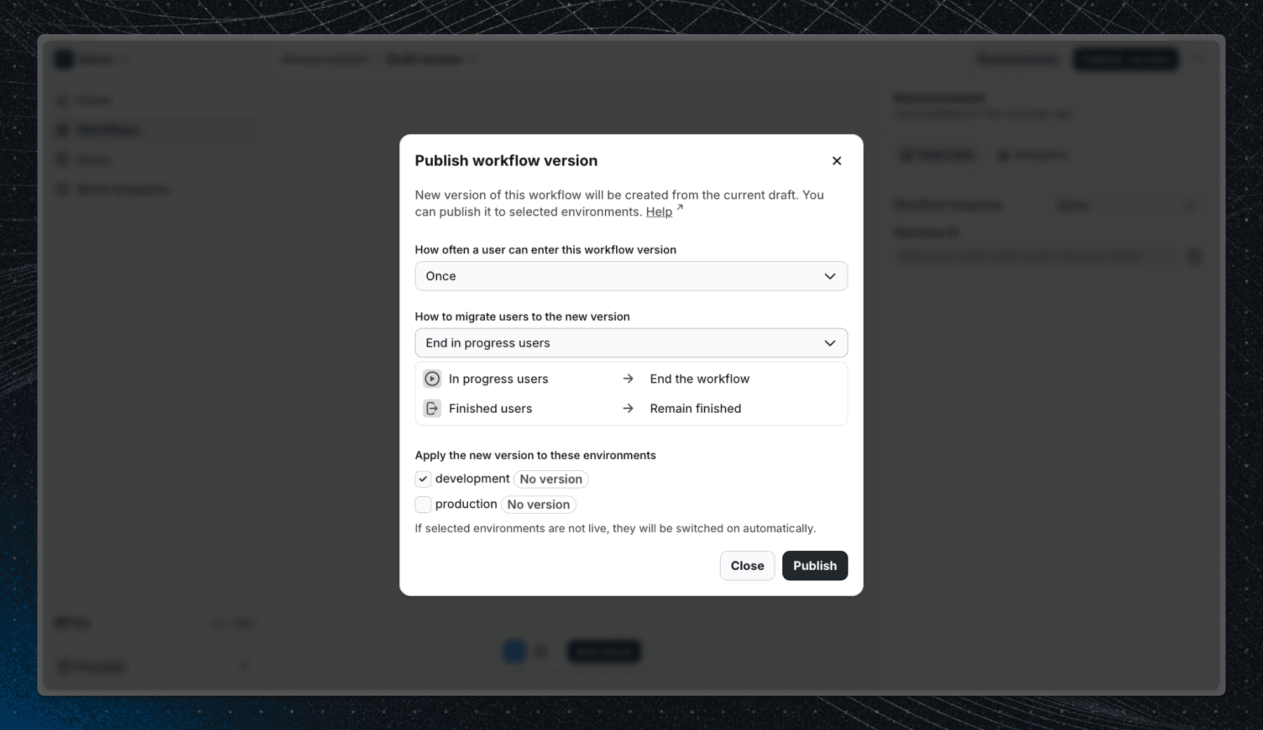 Screenshot of the publish dialog in Flows