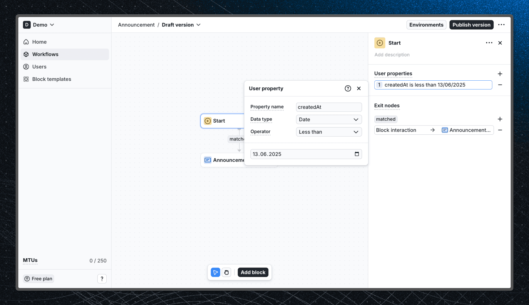 Screenshot of the start block conditions configuration in Flows