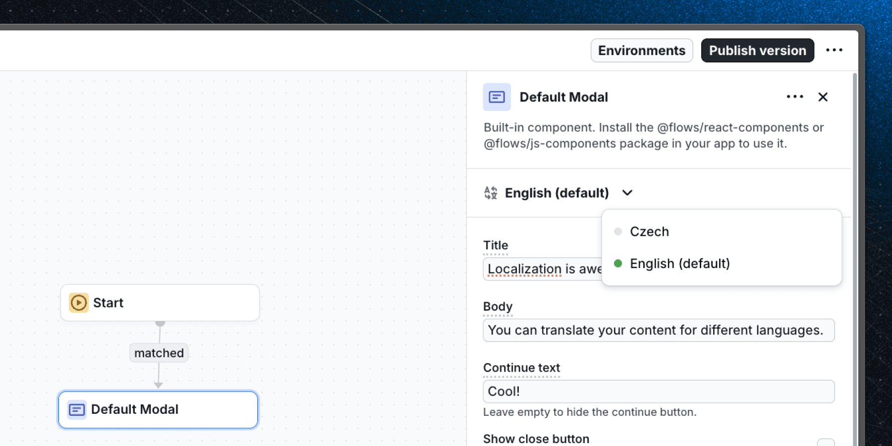 Language switch in Flows editor
