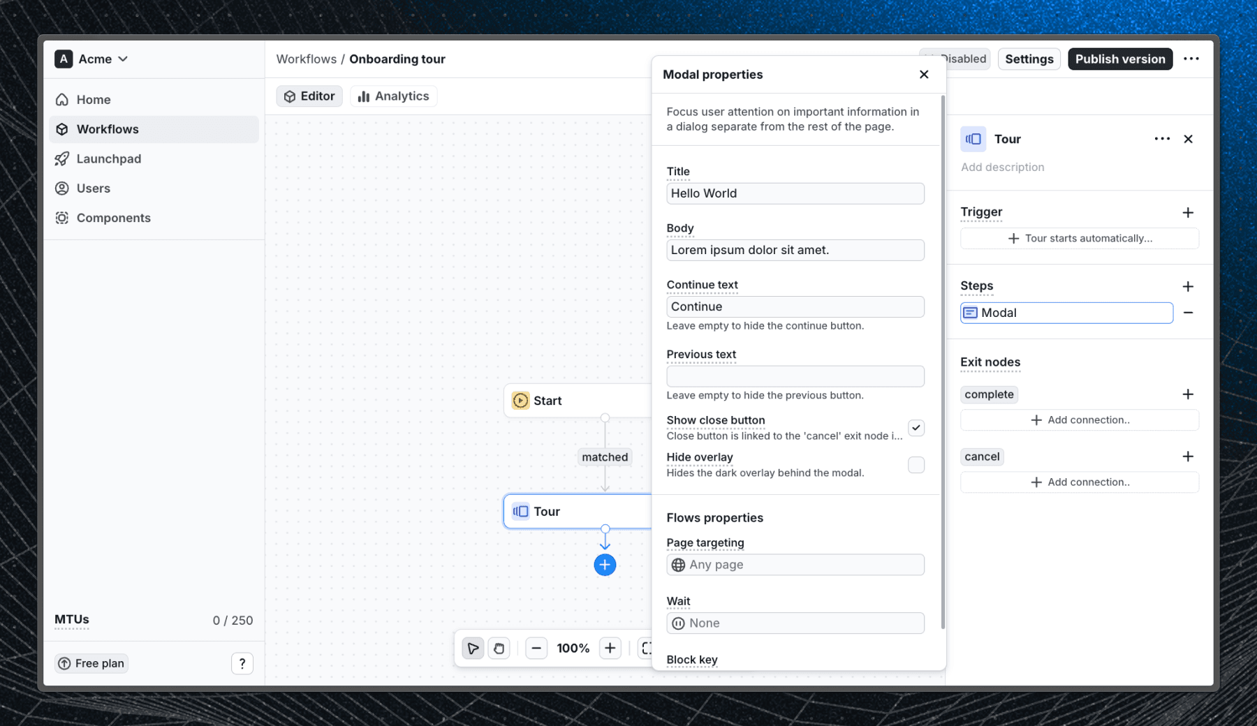 Screenshot of the content management settings in Flows