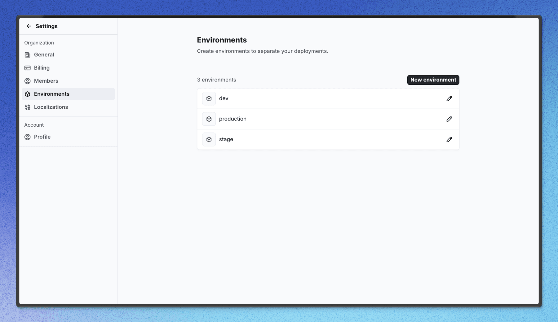 Screenshot of the environments settings in Flows