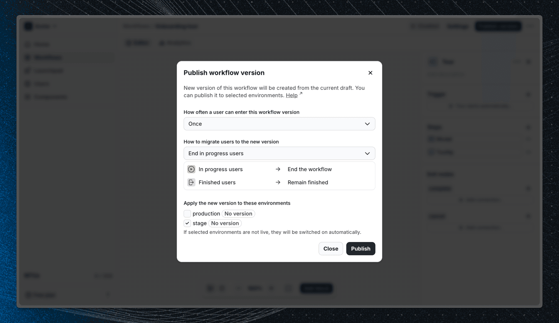 Screenshot of the publish dialog in Flows