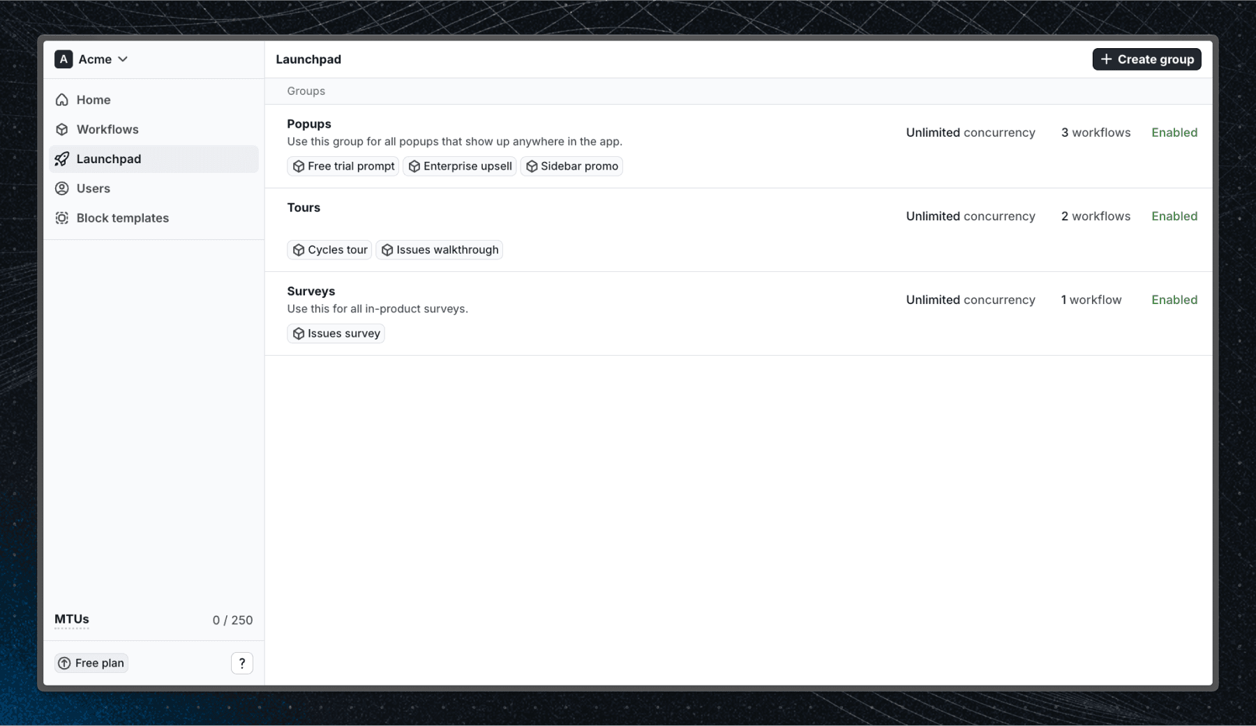 Screenshot of the Launchpad groups showing multiple groups separating workflows by use case.