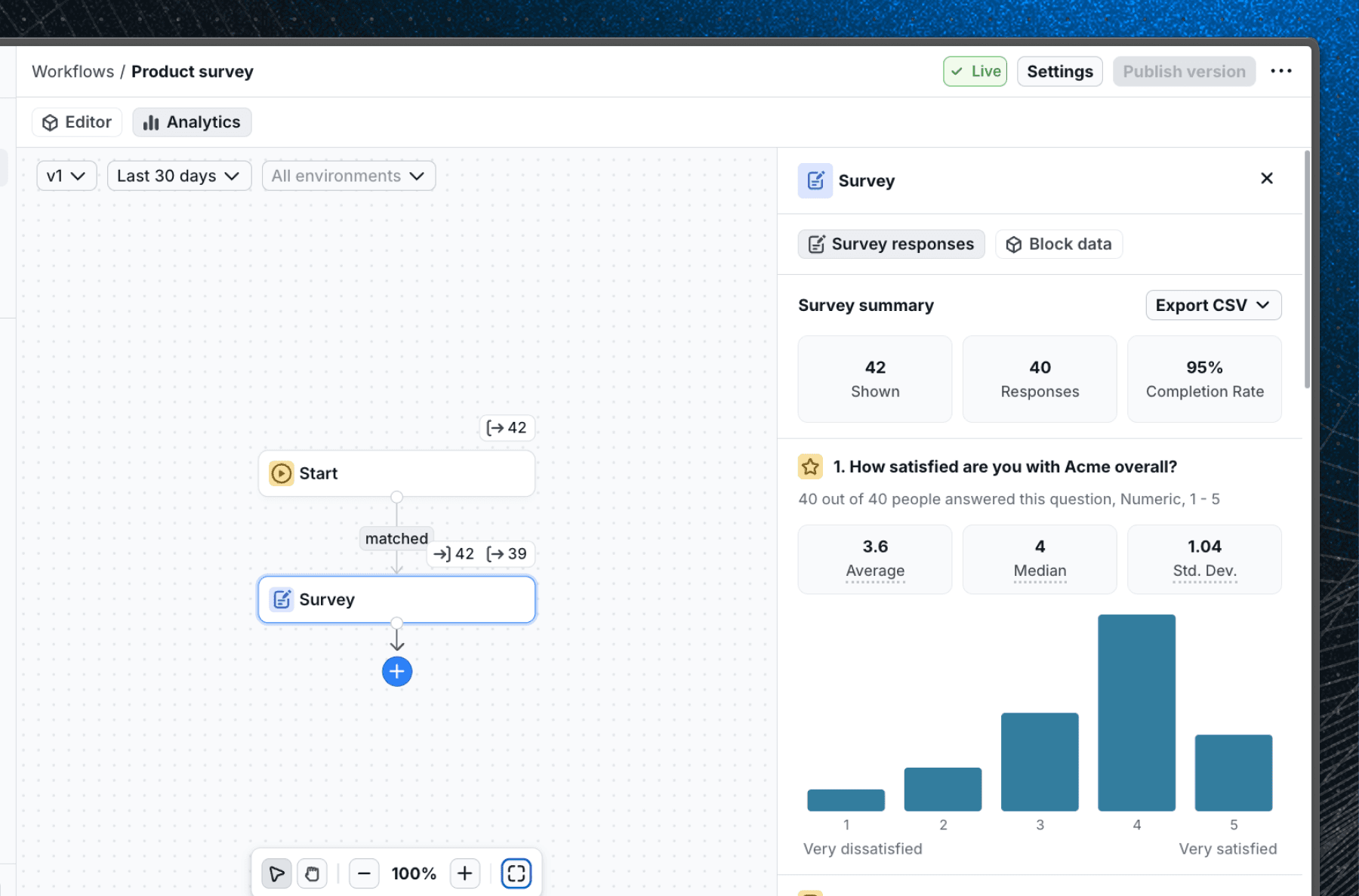 Survey analytics in the Flows editor