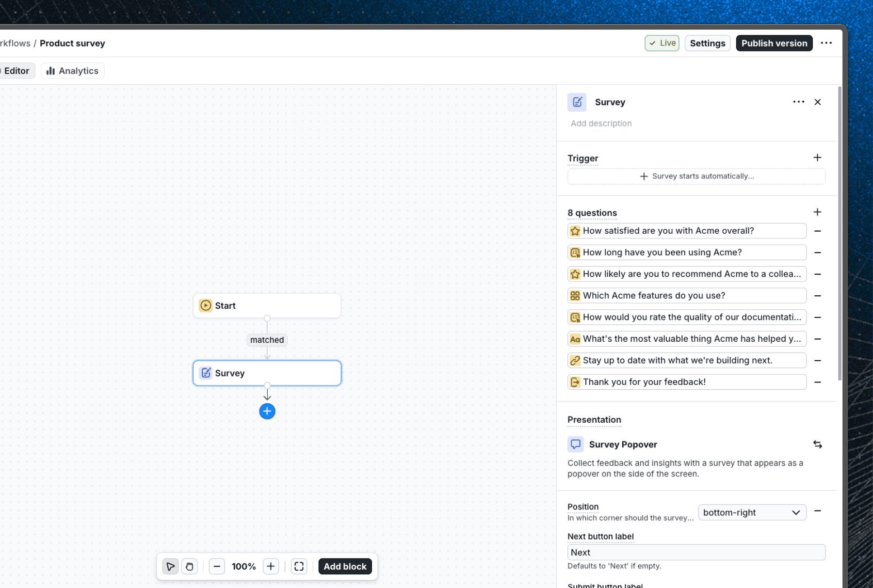 Survey in the Flows editor