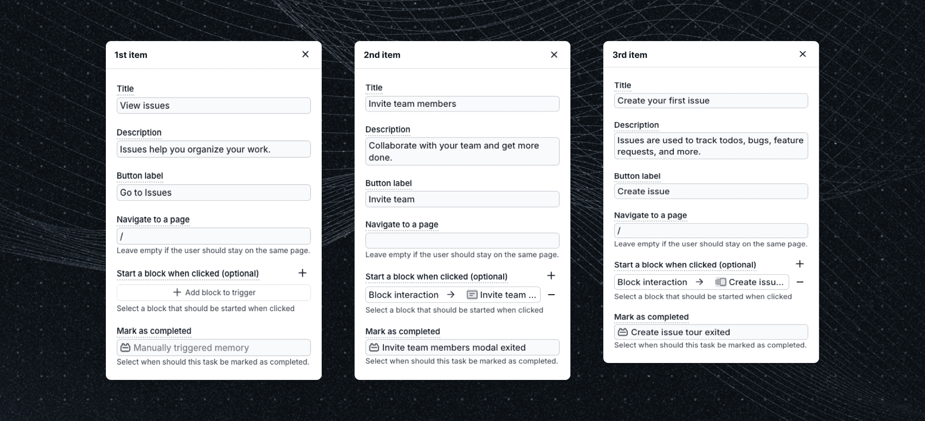 Onboarding hub checklist item configuration