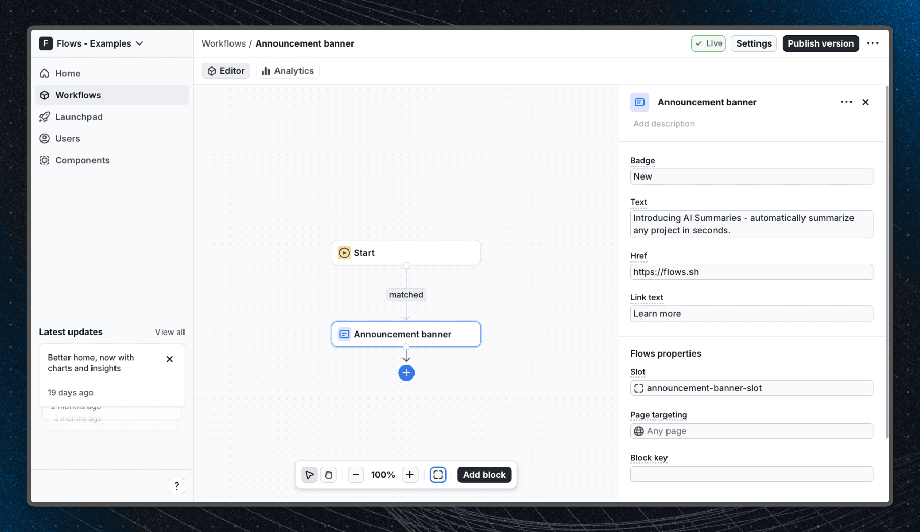 Flows workflow setup for the announcement banner example: a single custom AnnouncementBanner block with badge, text, href, and linkText properties