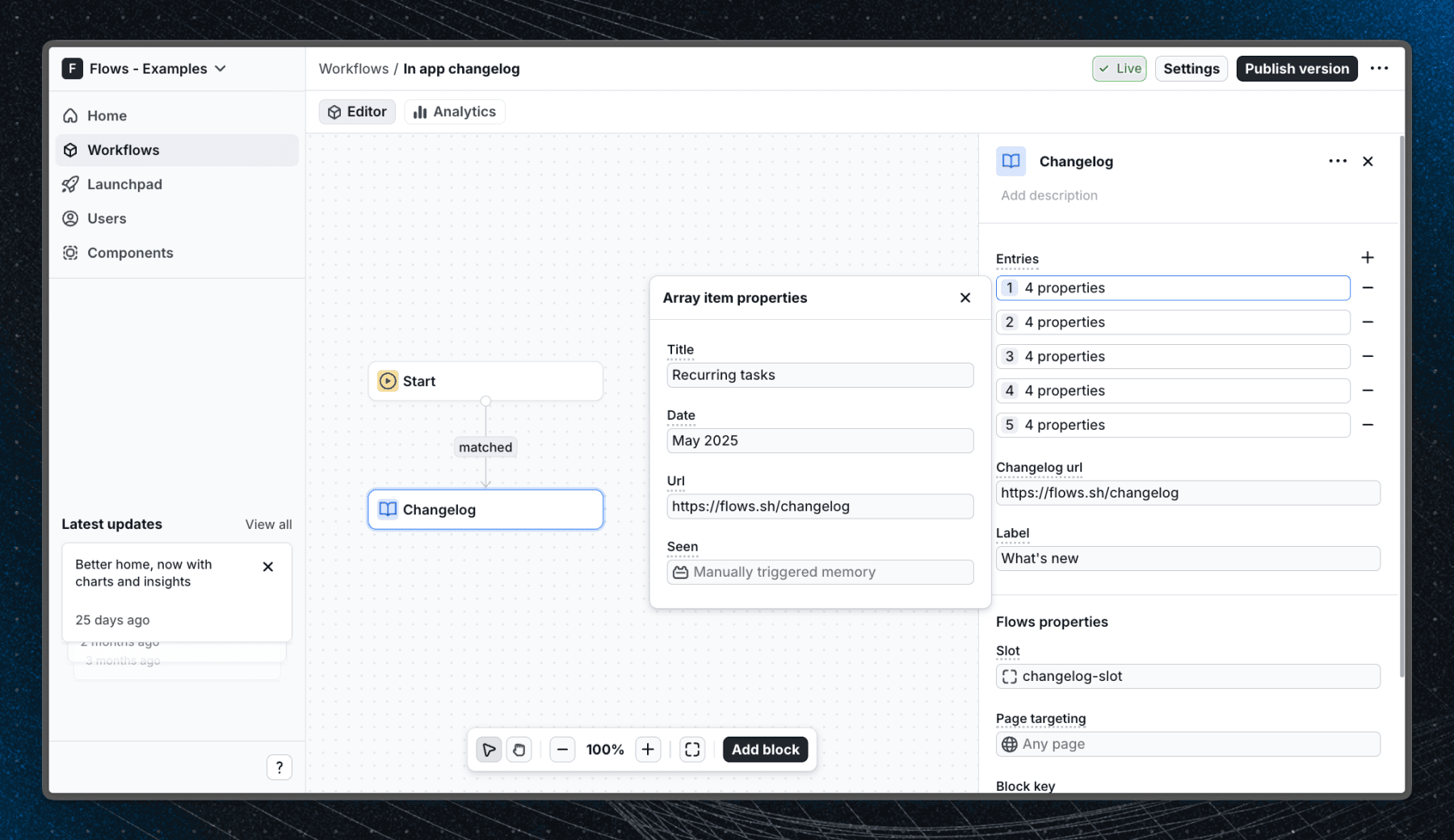 Flows Slottable workflow setup for the In-App Changelog example with state memory per entry