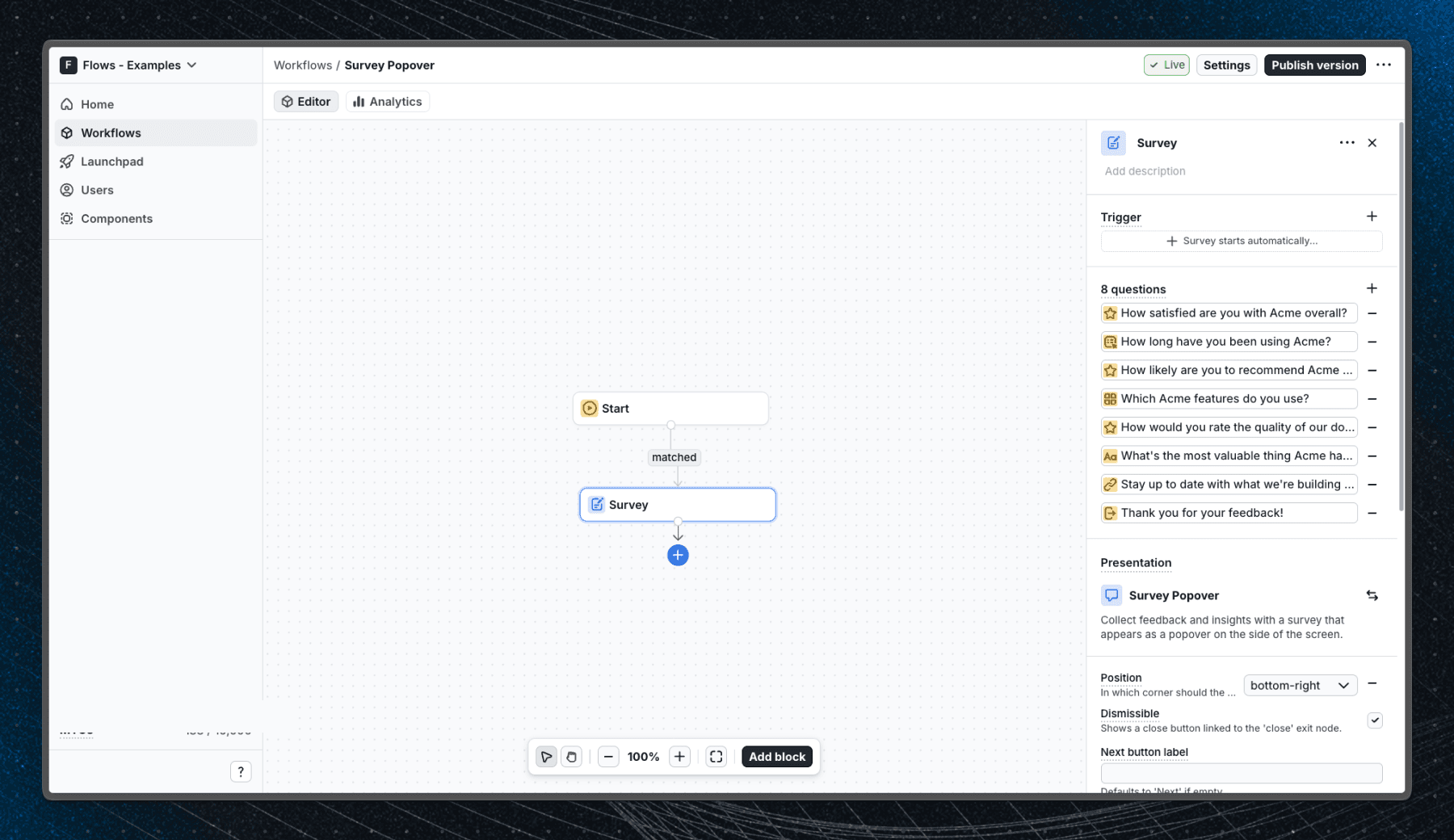 Flows workflow setup for the Survey Popover example