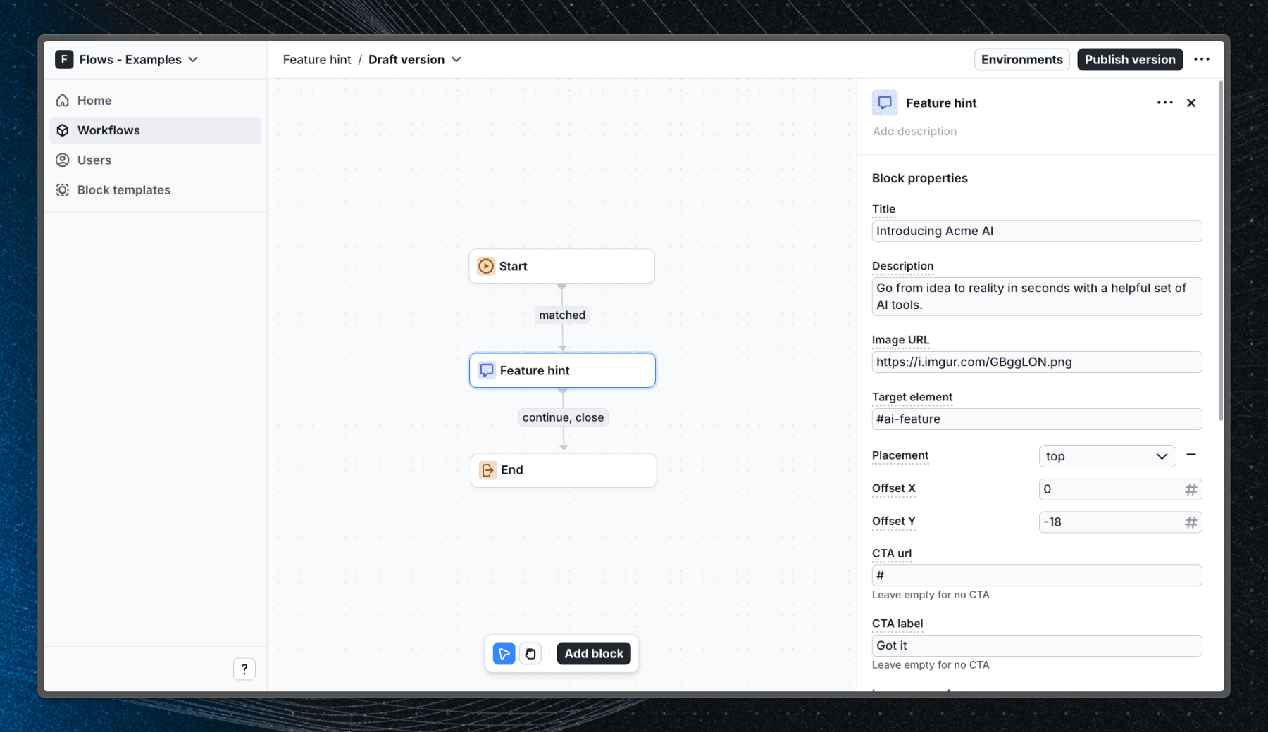 Flows workflow setup for the Feature hint example