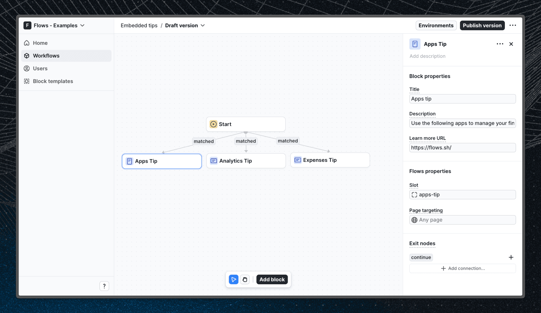 Flows workflow setup for the embedded tips example