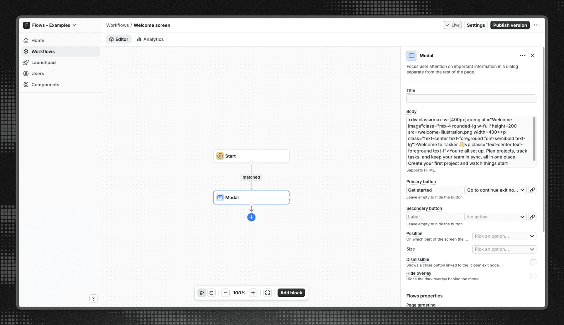 Flows workflow setup for the Welcome Screen example