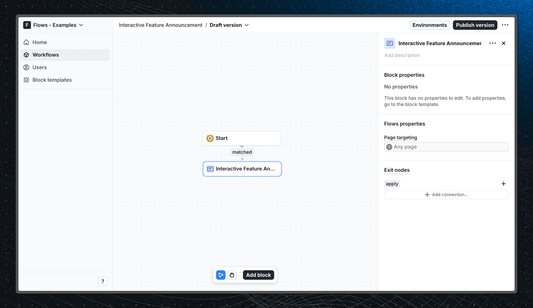 Flows workflow setup for the interactive feature announcement example
