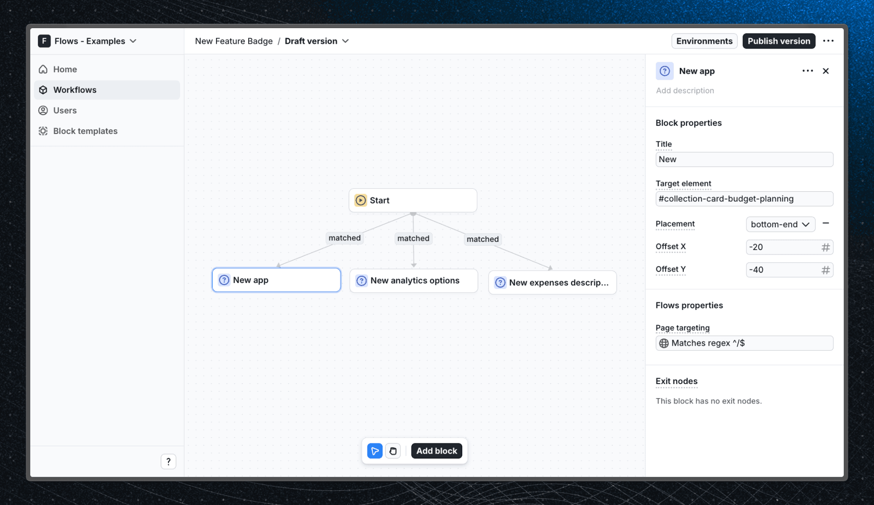 Flows workflow setup for the new feature badge UI example