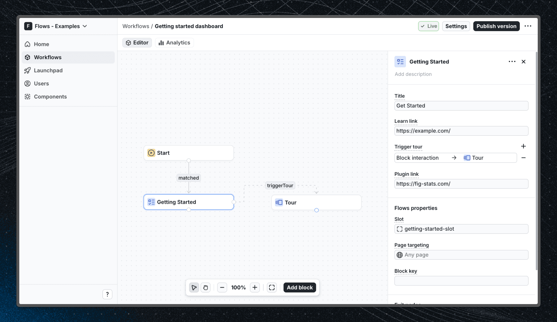 Flows workflow setup for the getting started dashboard example