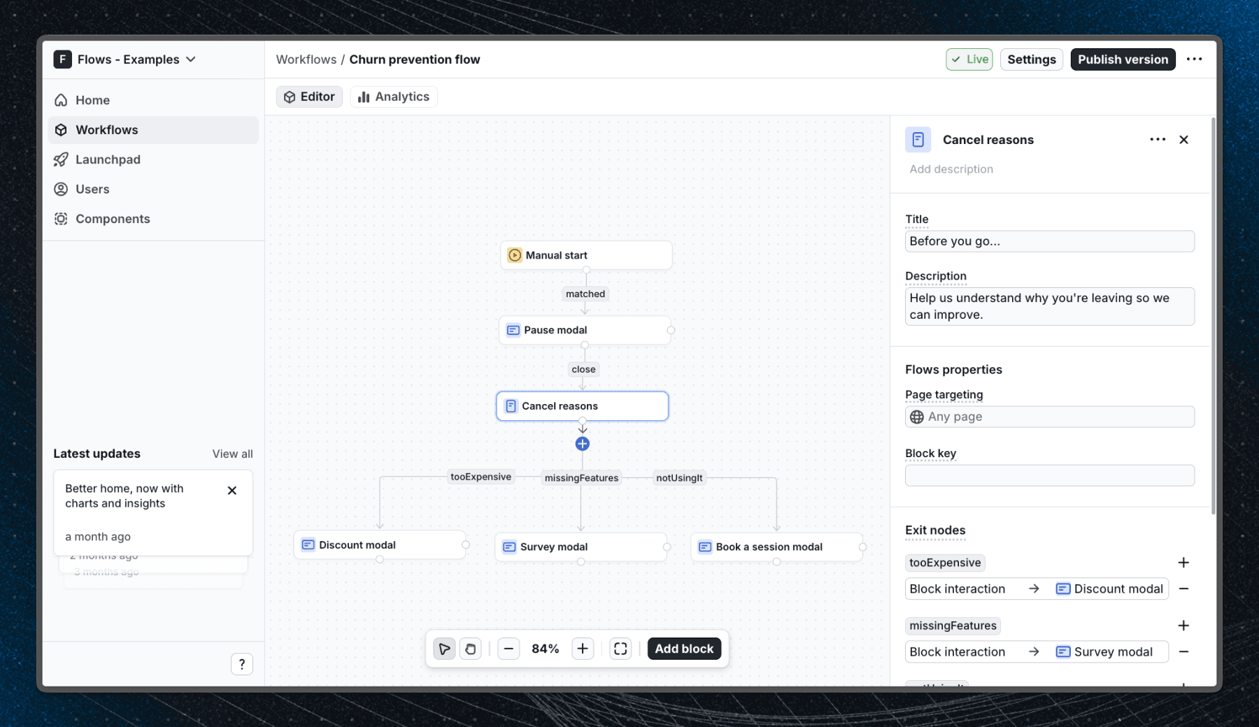 Flows workflow setup for the churn prevention flow example: manual start, pause offer modal, cancel reasons custom component with per-reason exit nodes, and targeted retention modals
