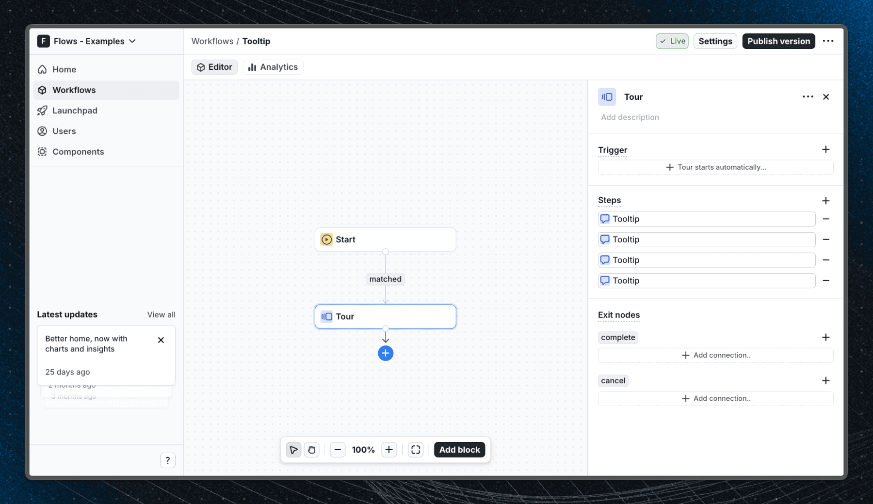 Flows workflow setup for the in-app tooltip tour example