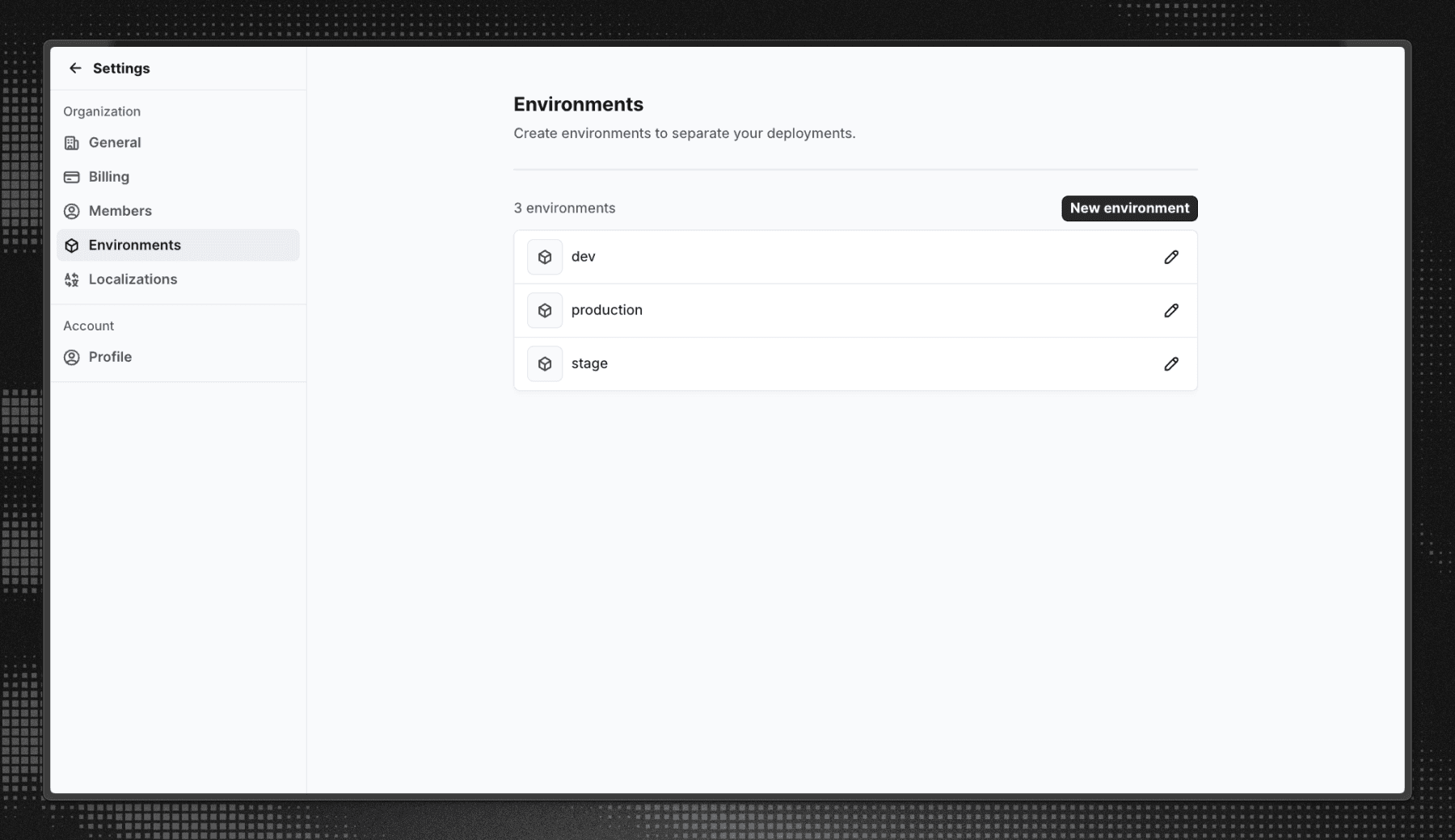 Screenshot of the environments settings in Flows