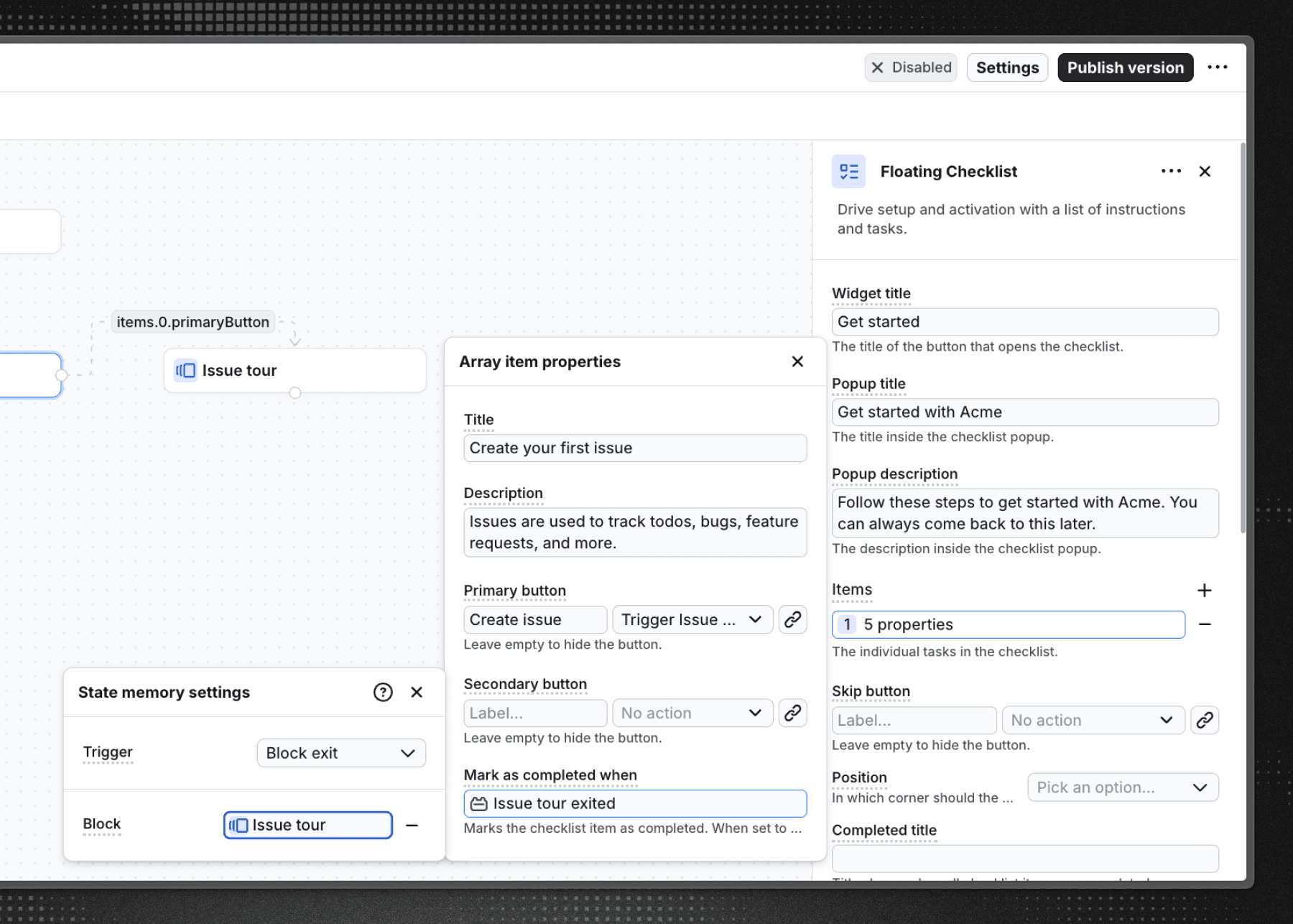 Checklist item configuration with state memory in Flows