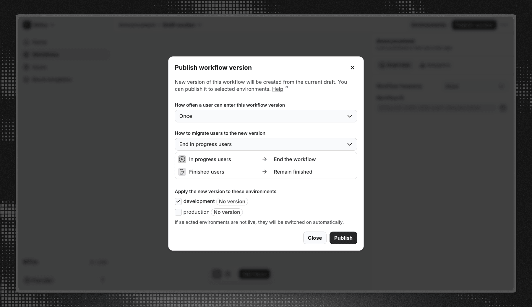 Screenshot of the publish dialog in Flows