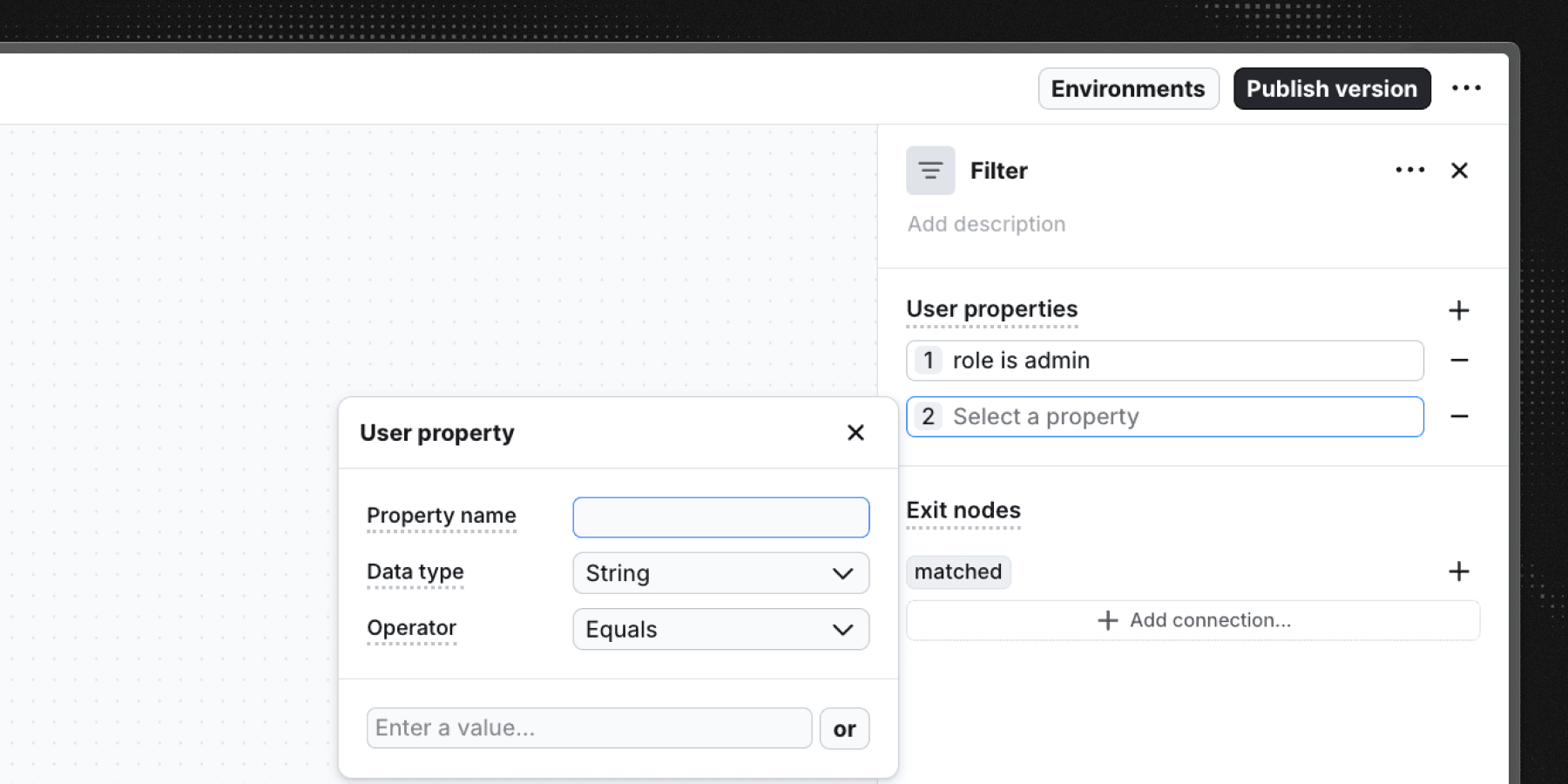 Screenshot of the user properties settings in Flows