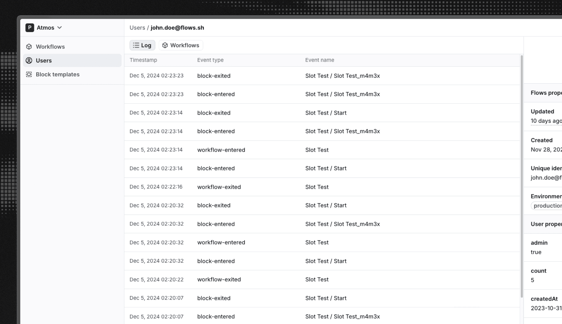 Screenshot of the user state tracking in Flows