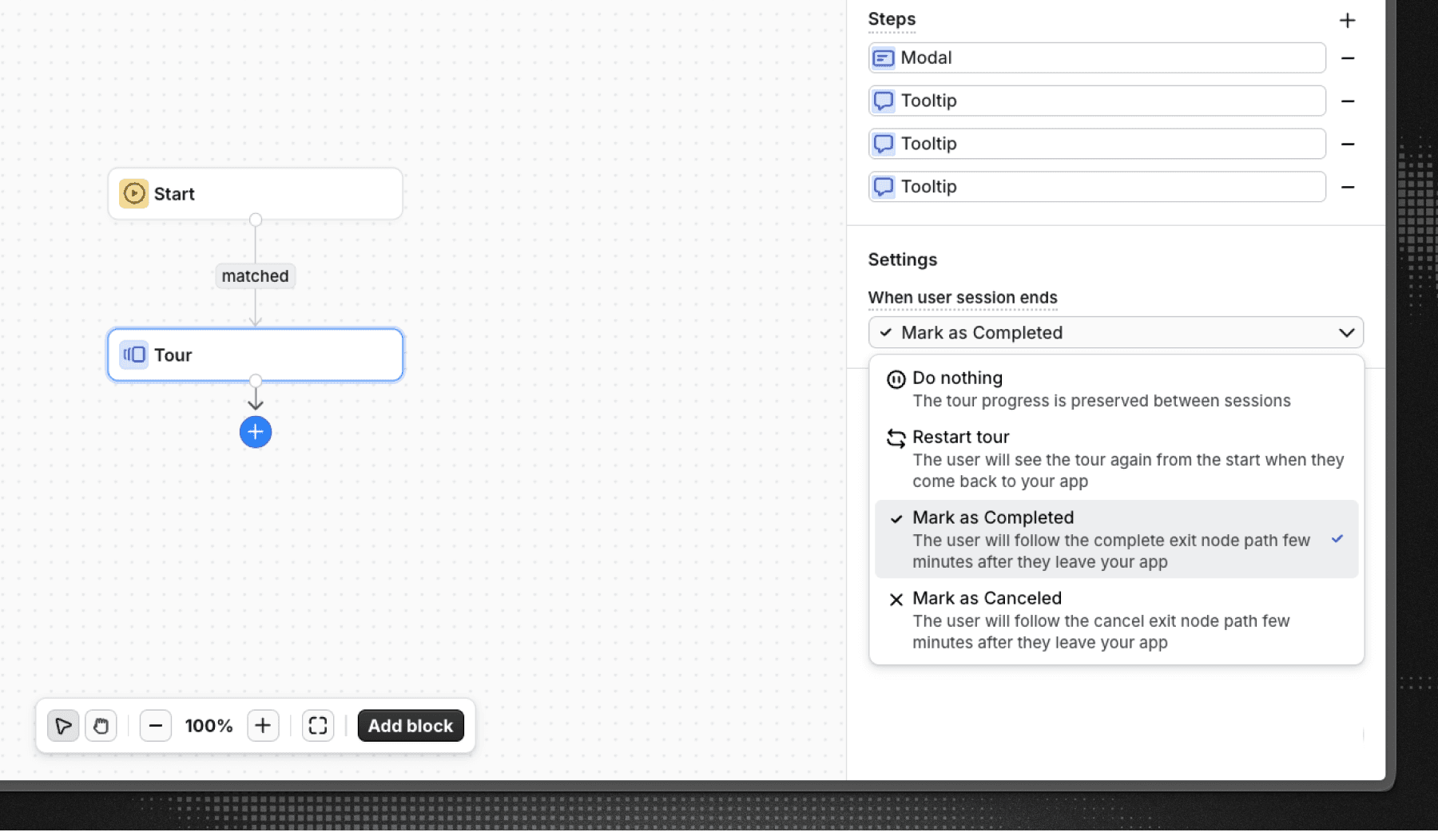 Screenshot of the new tour session settings in the Flows editor