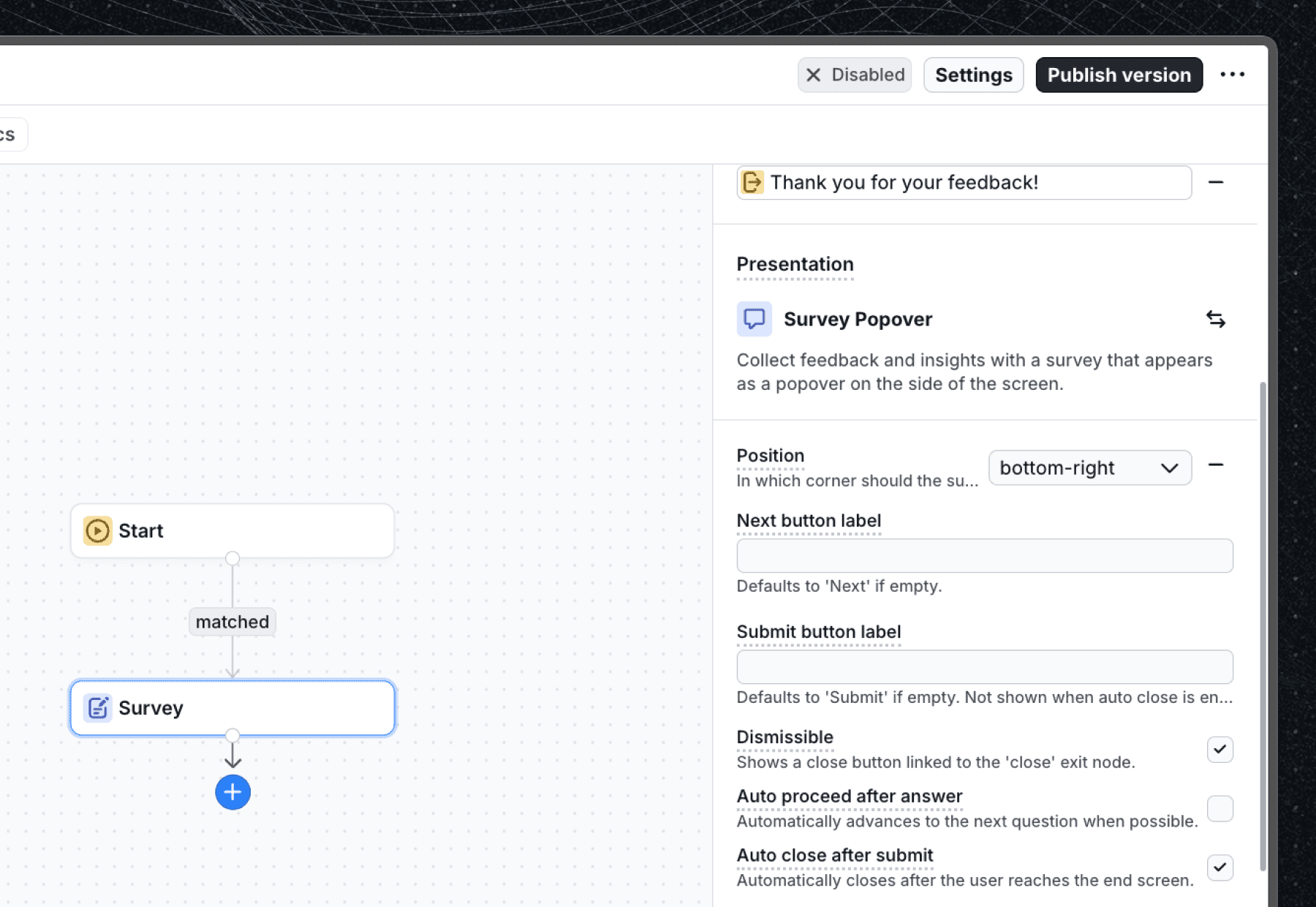 Survey popover properties