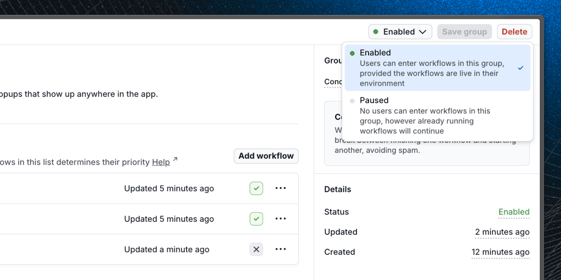 Image of pausing a group