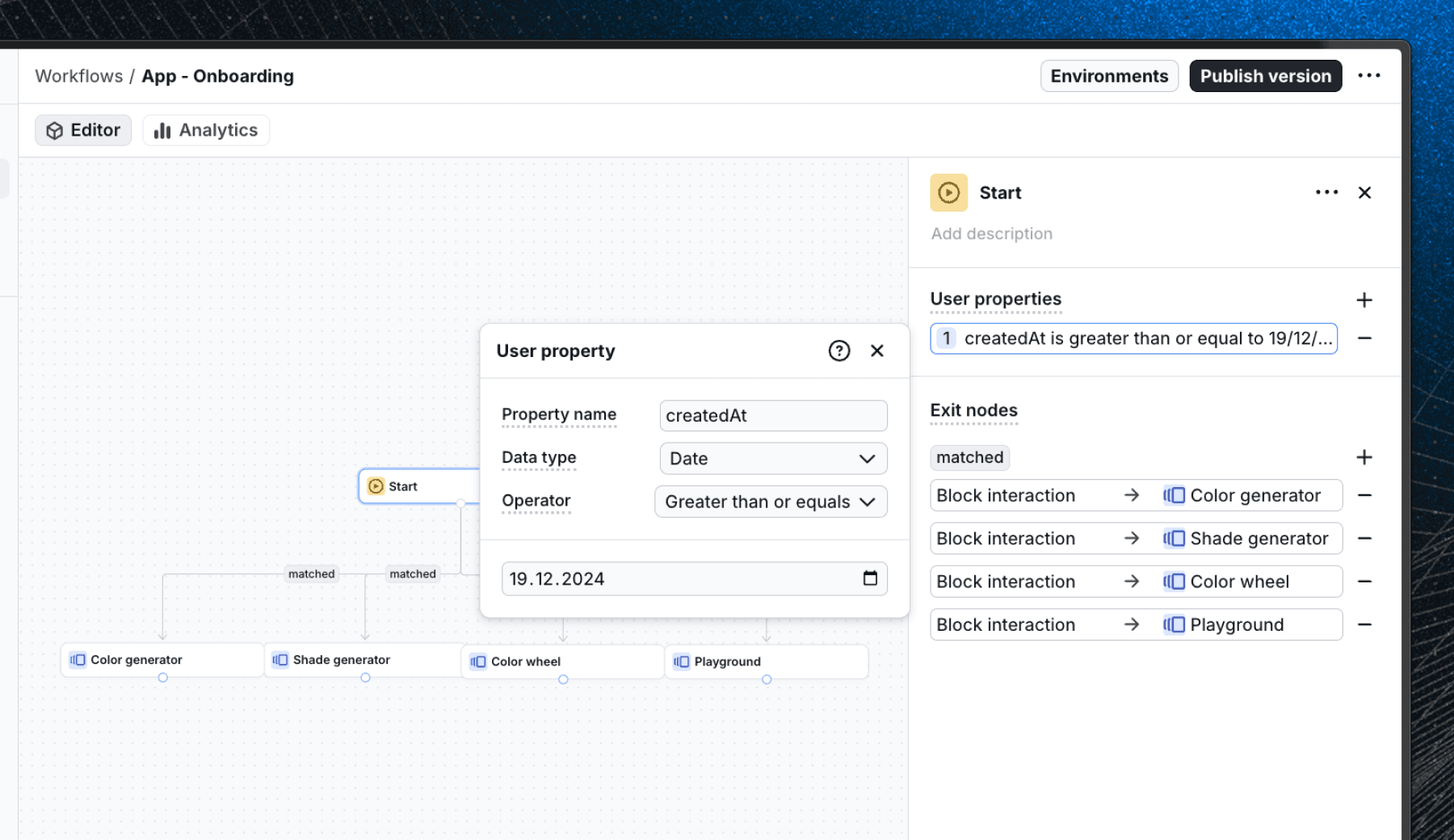 User properties popup in Flows workflow editor