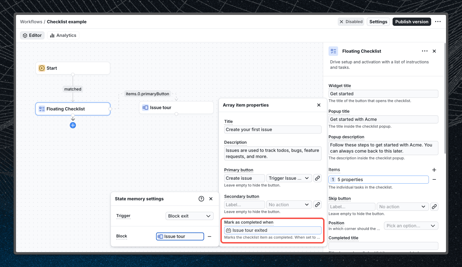 Checklist marking item as completed after Tour